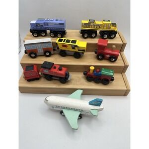 Magnetic Wooden Train Lot of 8 Engines & Cars (Thomas/Brio Compatible 1 Airplane